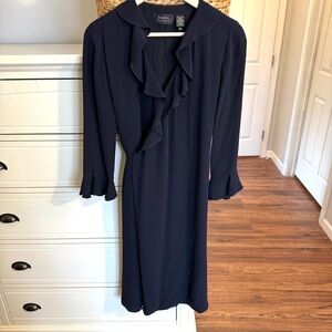 Dana Buchman Silk Wrap Dress Black Ruffle Neck Tie Waist Long Sleeve Midi Dress